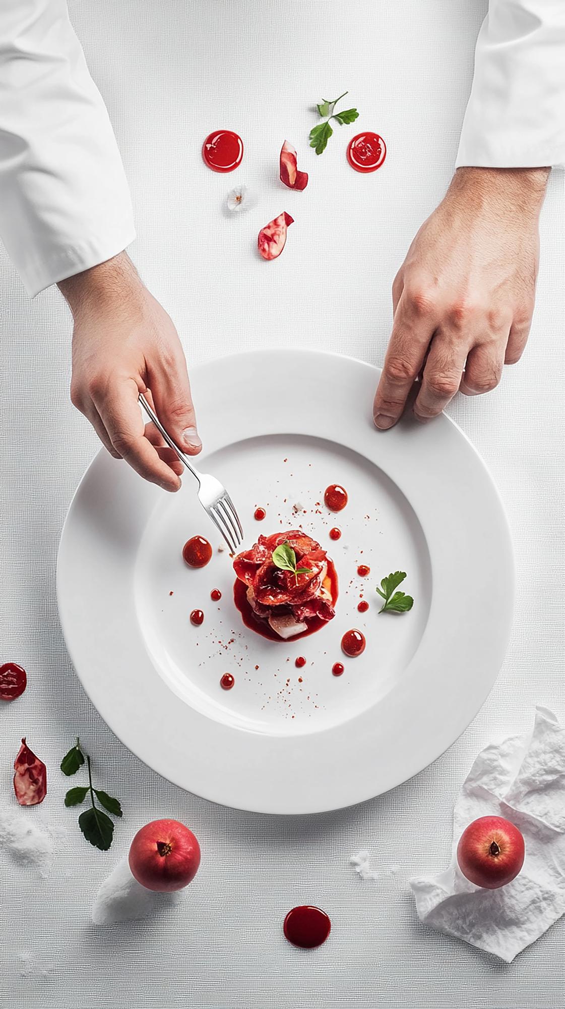 Close-up of hands plating a modern dessert