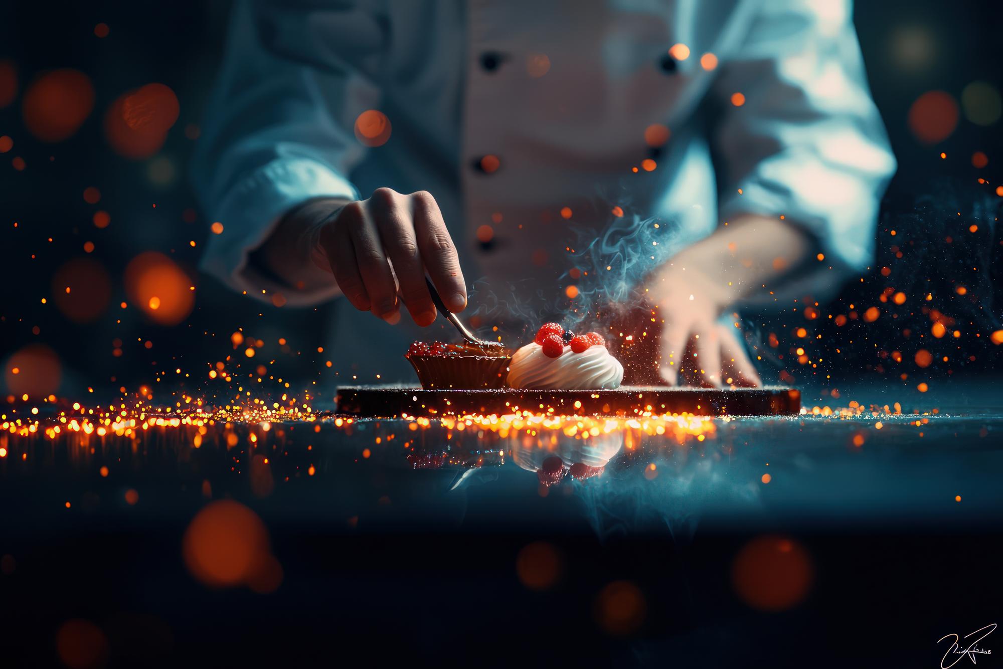 Chef demonstrating a precision plating technique with futuristic kitchen tools
